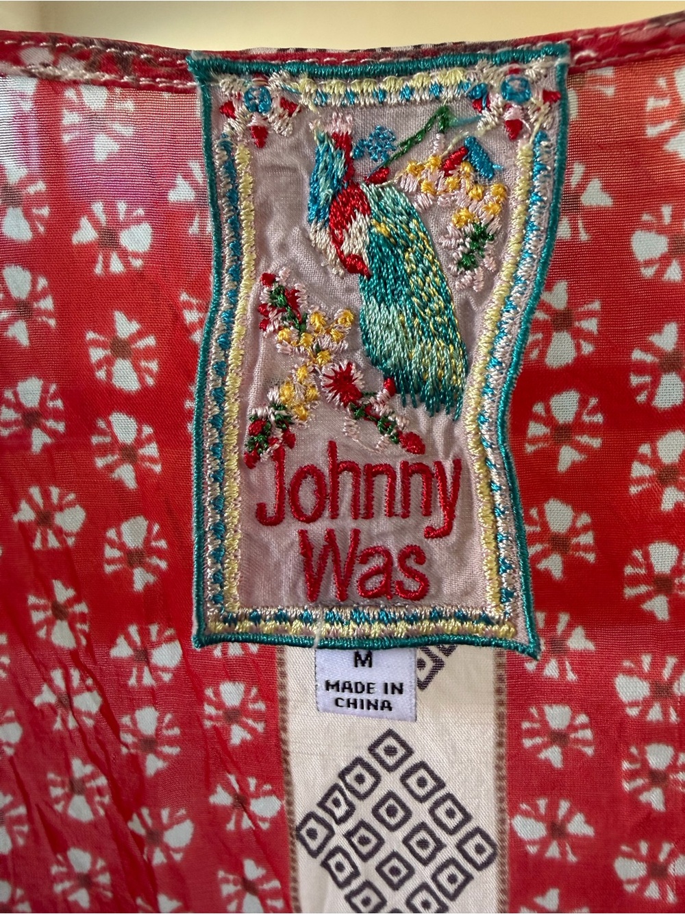 Johnny Was Red & Cream Mixed-Print Boho Peasant Blouse - Picture 3 of 3
